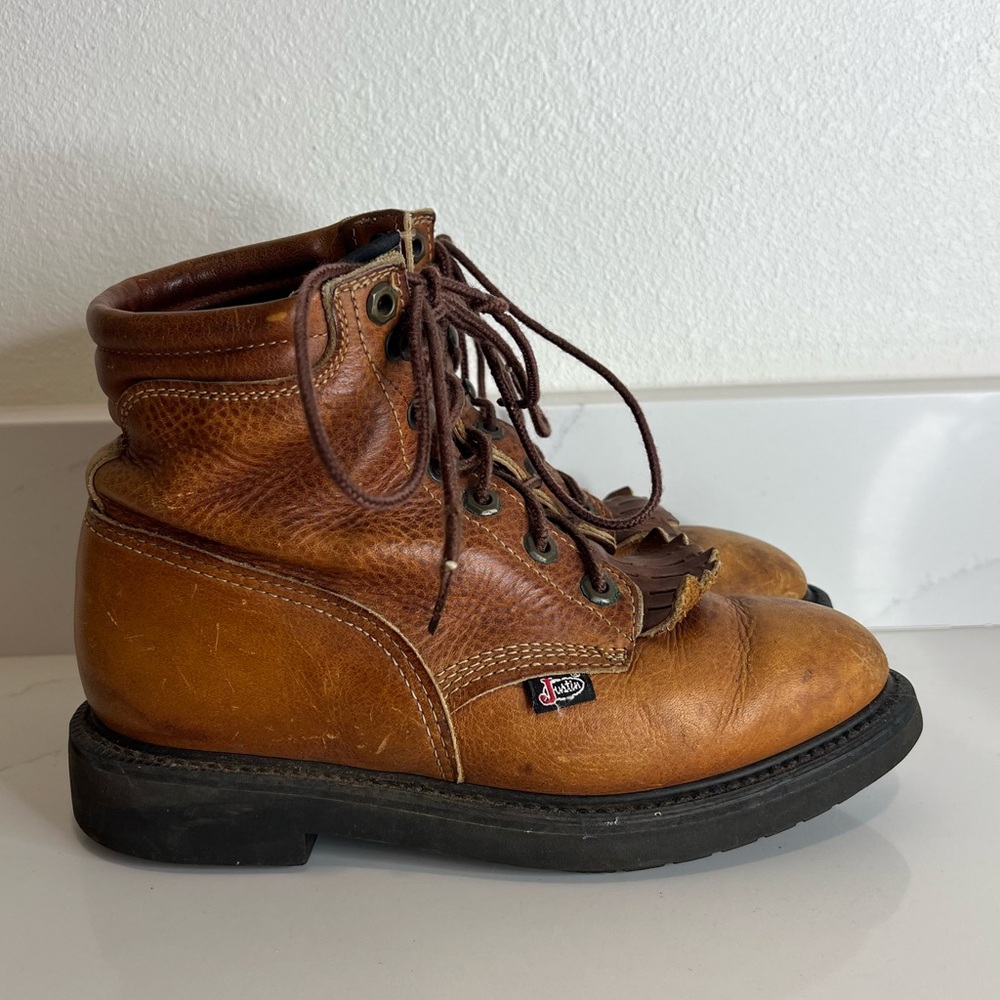 Vintage Justin Women's Boots Tan Leather Lace-Up Classic Work Boot Size 7B